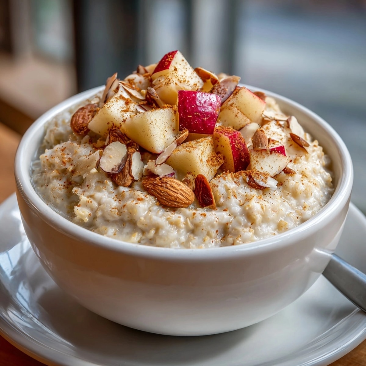 Creamy Warm Apple Cinnamon Oatmeal with Almonds—a hearty fall breakfast recipe.