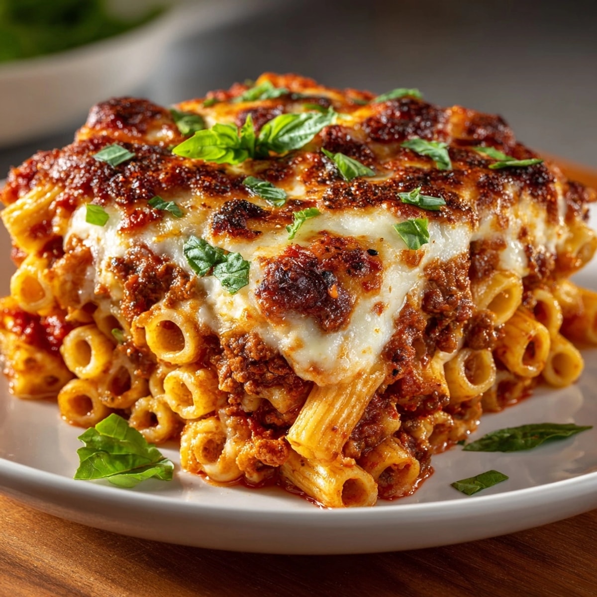 Cheesy baked ziti with mozzarella and basil, bubbling hot from the oven—comfort food.