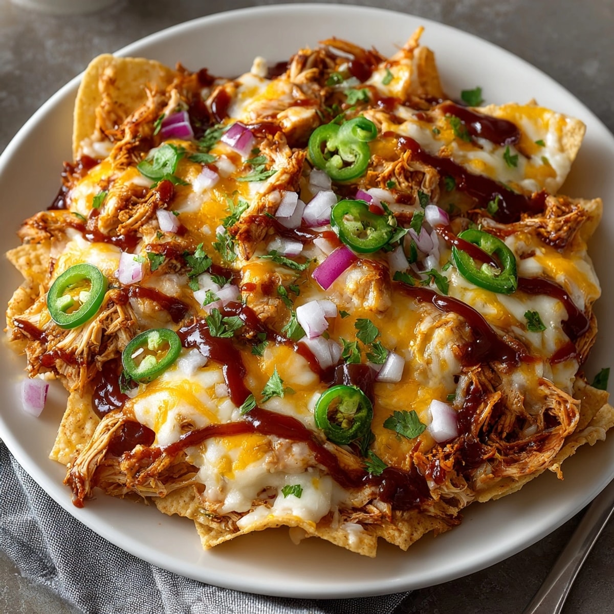 Sheet pan BBQ chicken nachos: crispy tortilla chips topped with tangy BBQ chicken.