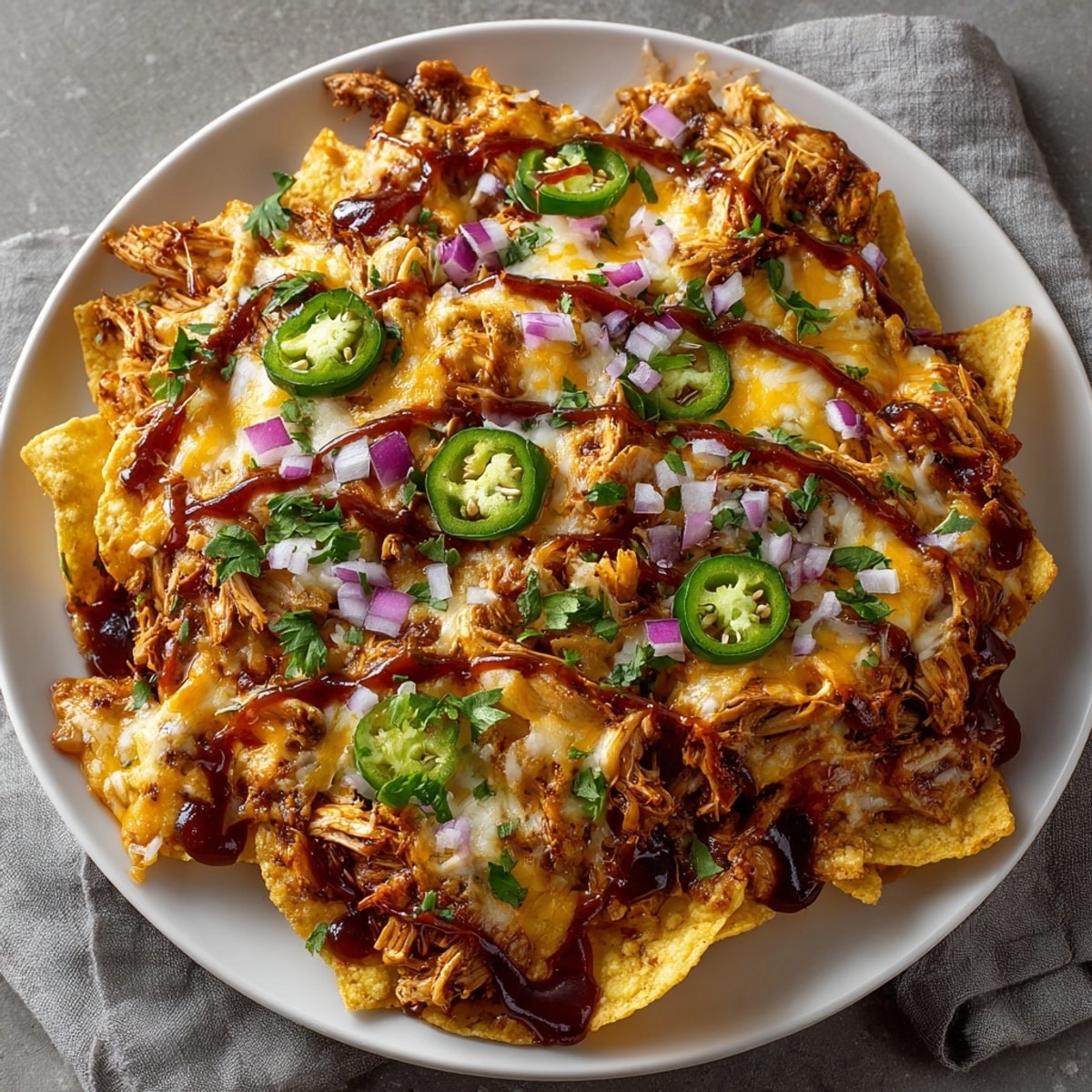 Delicious sheet pan BBQ chicken nachos recipe, served hot with fresh cilantro.