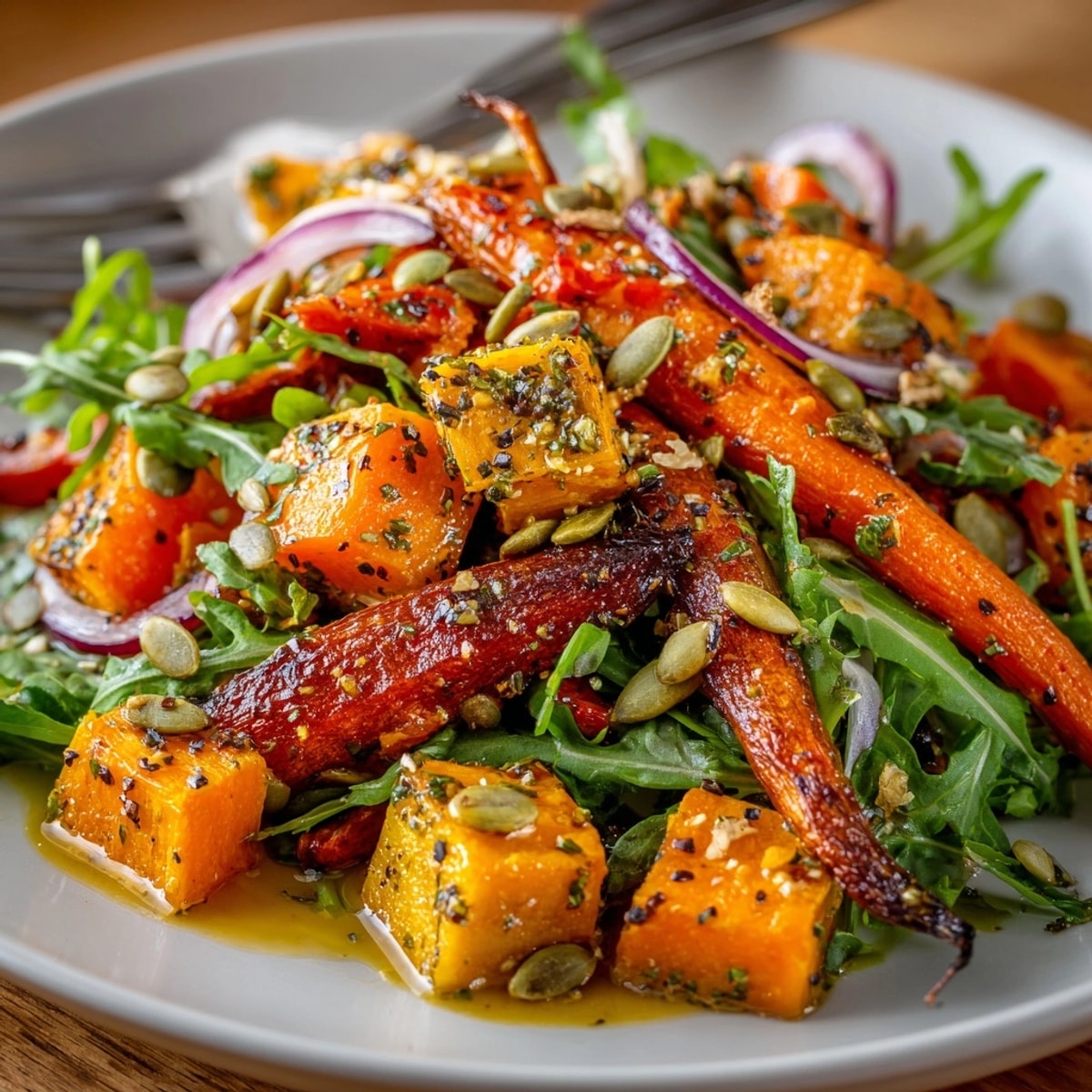 Roasted Carrot & Sweet Potato Salad with Honey Dijon glistens, ready to be served.