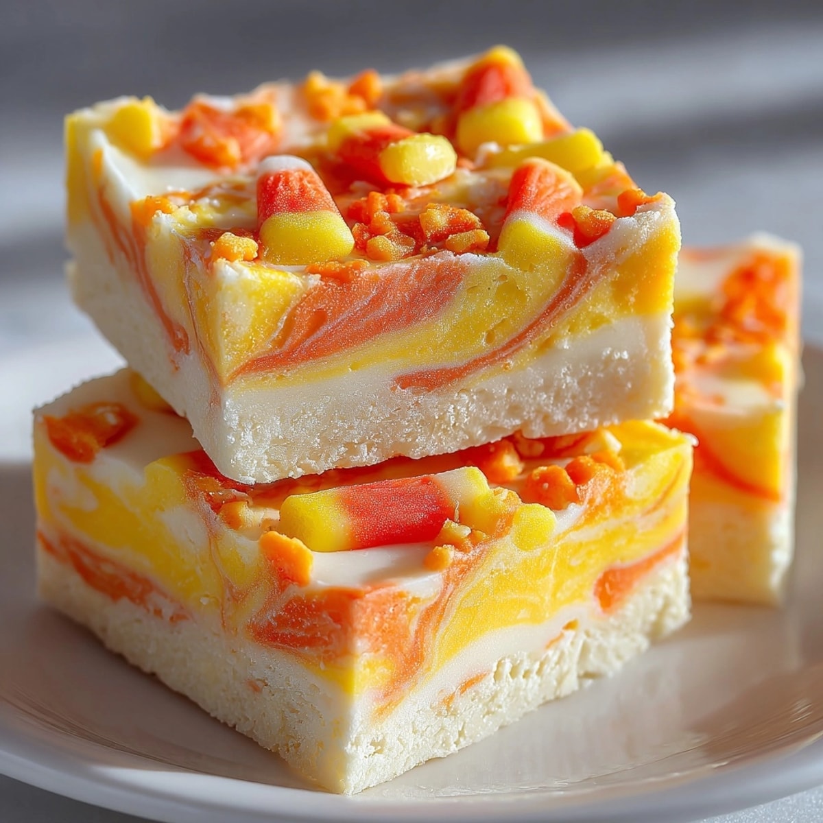 Candy Corn Fudge Swirl, a smooth, festive dessert, ready to be sliced and served.