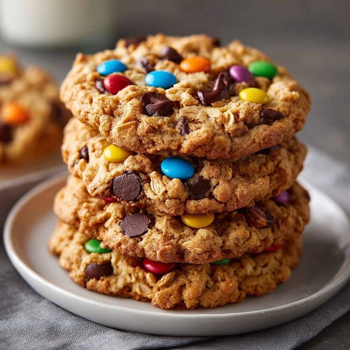 Golden-edged gluten-free monster cookies, studded with candy, fresh from the oven.