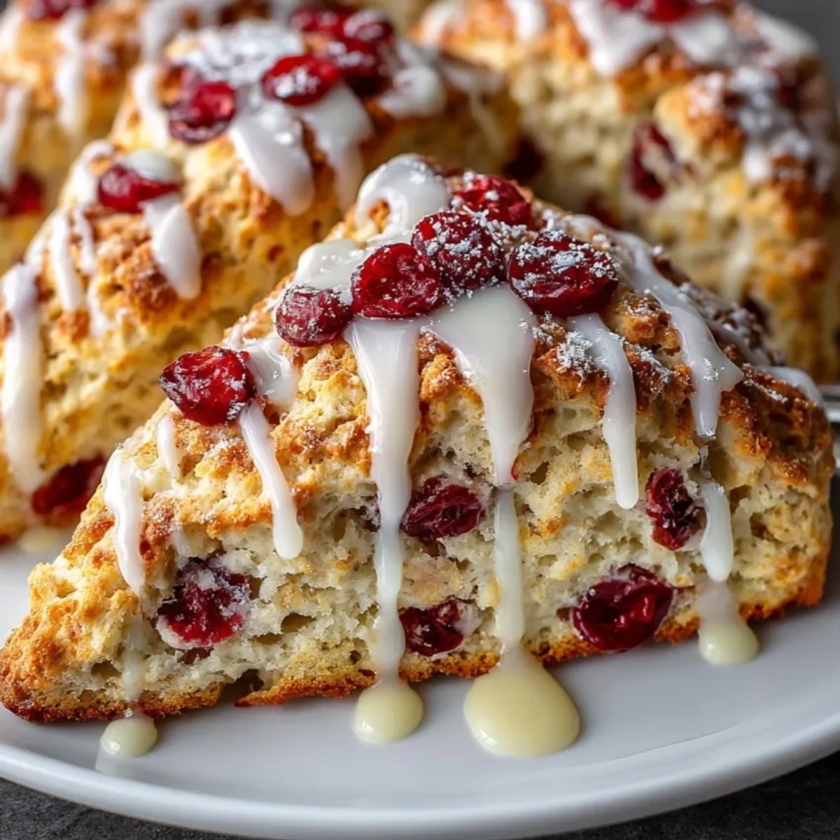 Golden-brown Orange Cranberry Scones fresh from the oven, glistening with sweet orange glaze.