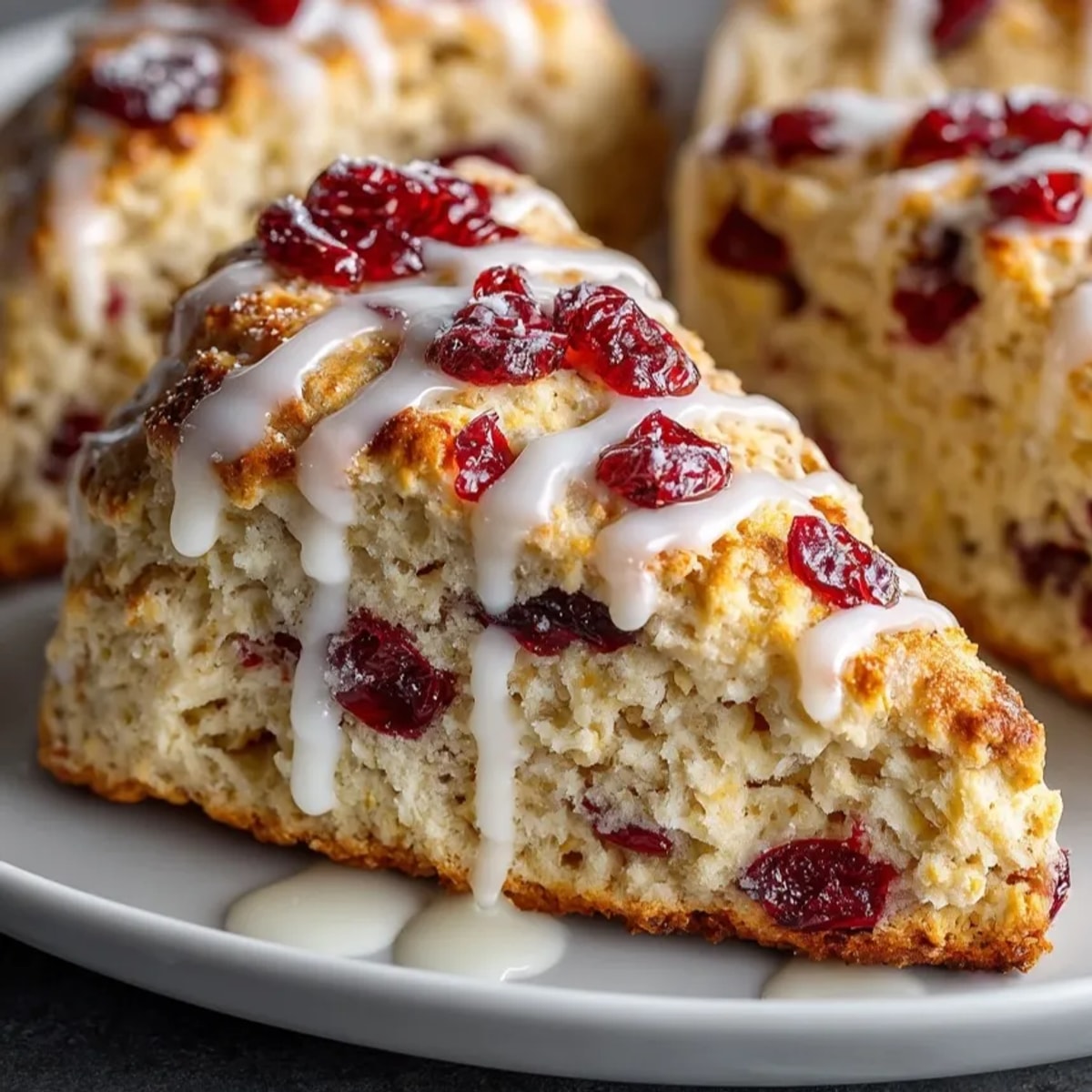 Homemade Orange Cranberry Scones: a close-up revealing the moist, crumbly texture and vibrant fruit.