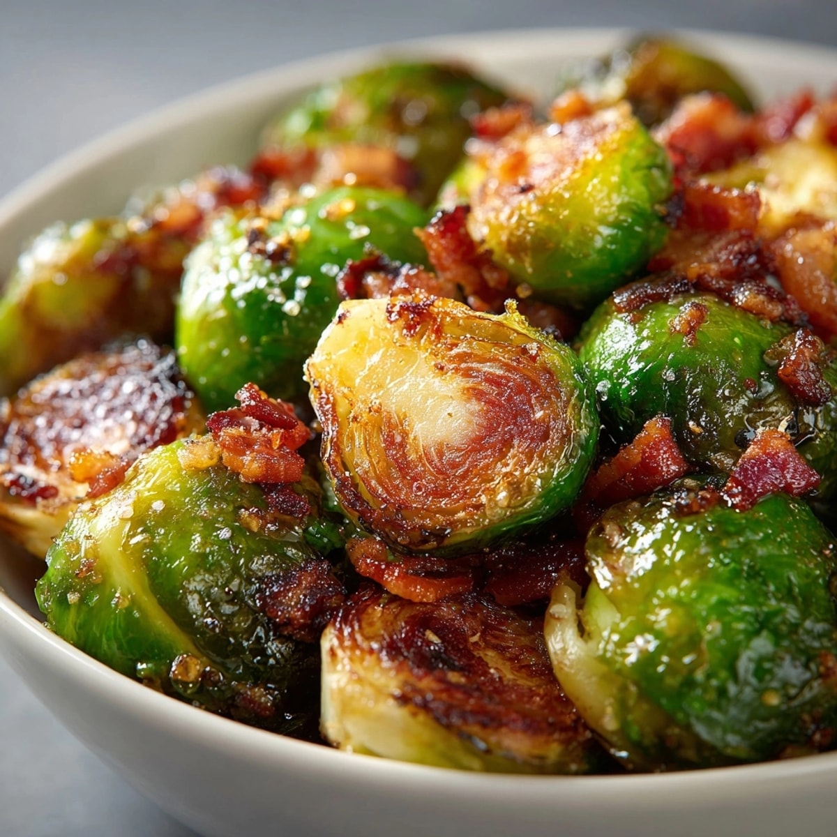 Imagine sweet Maple Bacon Roasted Brussels Sprouts browned to perfection, ready to serve warm.