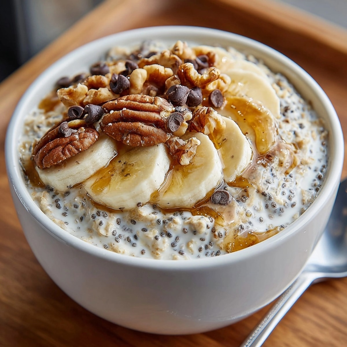 Easy make-ahead Banana Bread Overnight Oats in a glass jar, ready to grab and go.