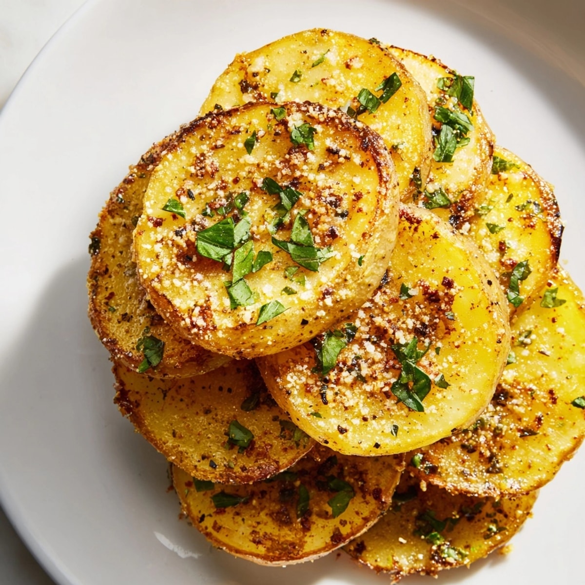 Golden Garlic Rosemary Potato Rounds, oven-roasted until crispy, seasoned beautifully.