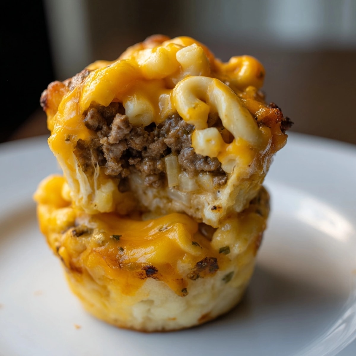 Golden-baked Mac and Cheese Cheeseburger Cups, a delicious, savory party appetizer ready to serve.