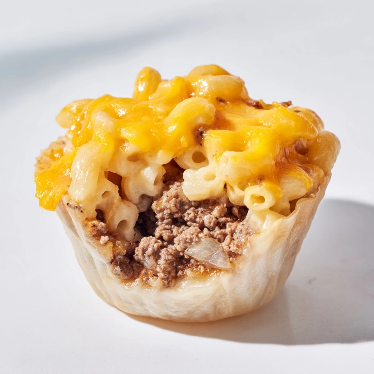 Close-up of gooey Mac and Cheese Cheeseburger Cups revealing meaty filling, tempting for dinner.