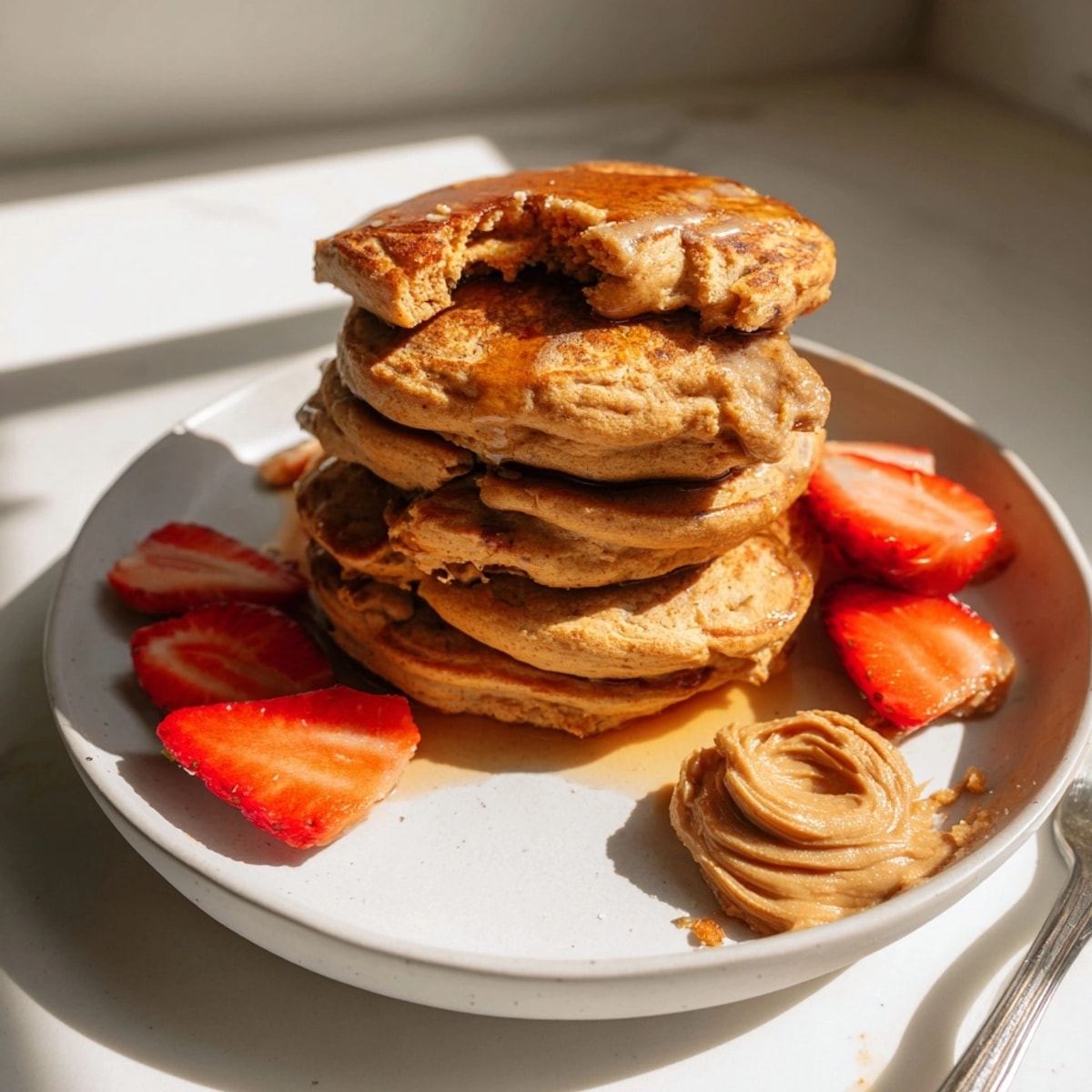Imagine fluffy Cinnamon Sweet Potato Protein Pancakes: taste the sweet potato and cinnamon spice.