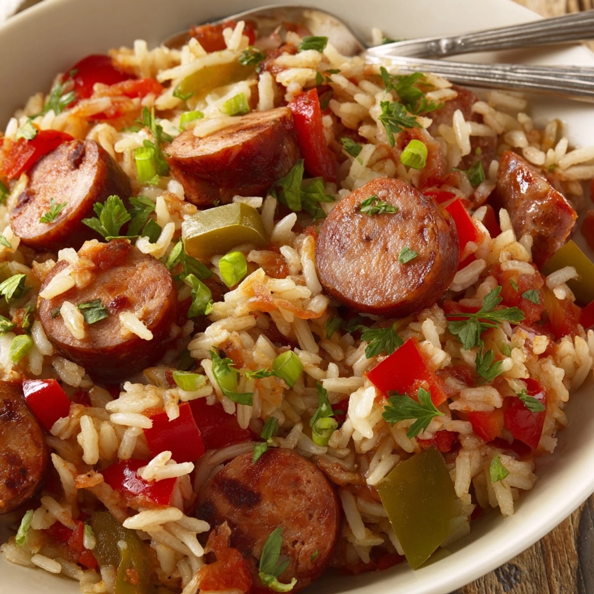Close-up of the hearty Cajun Sausage and Rice Skillet, garnished with fresh parsley.