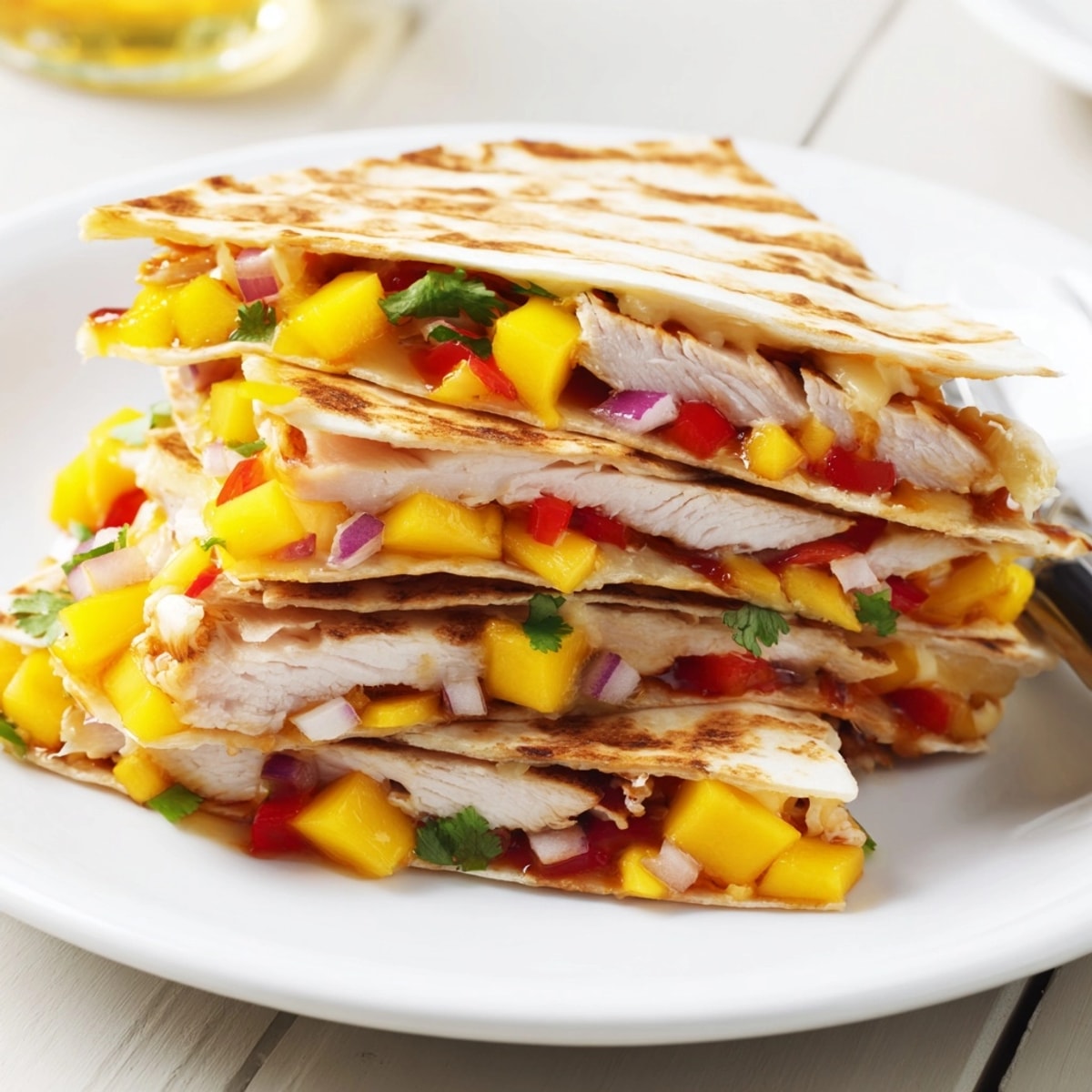 Delicious mango BBQ chicken tortilla stacks, baked golden-brown, ready to serve.