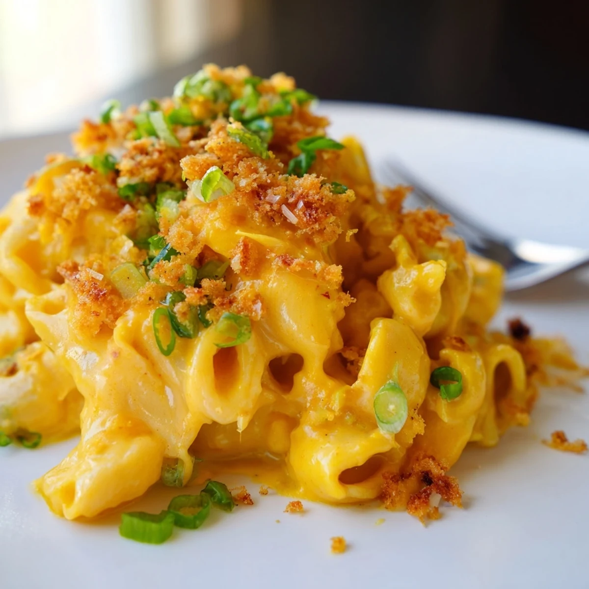 Creamy Japanese Curry Pumpkin Mac served with toasted panko and scallions.  