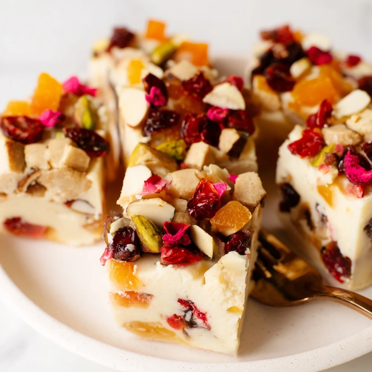 Decadent Charcuterie Board Sugar Cookie Fudge topped with dried fruits and nuts.  