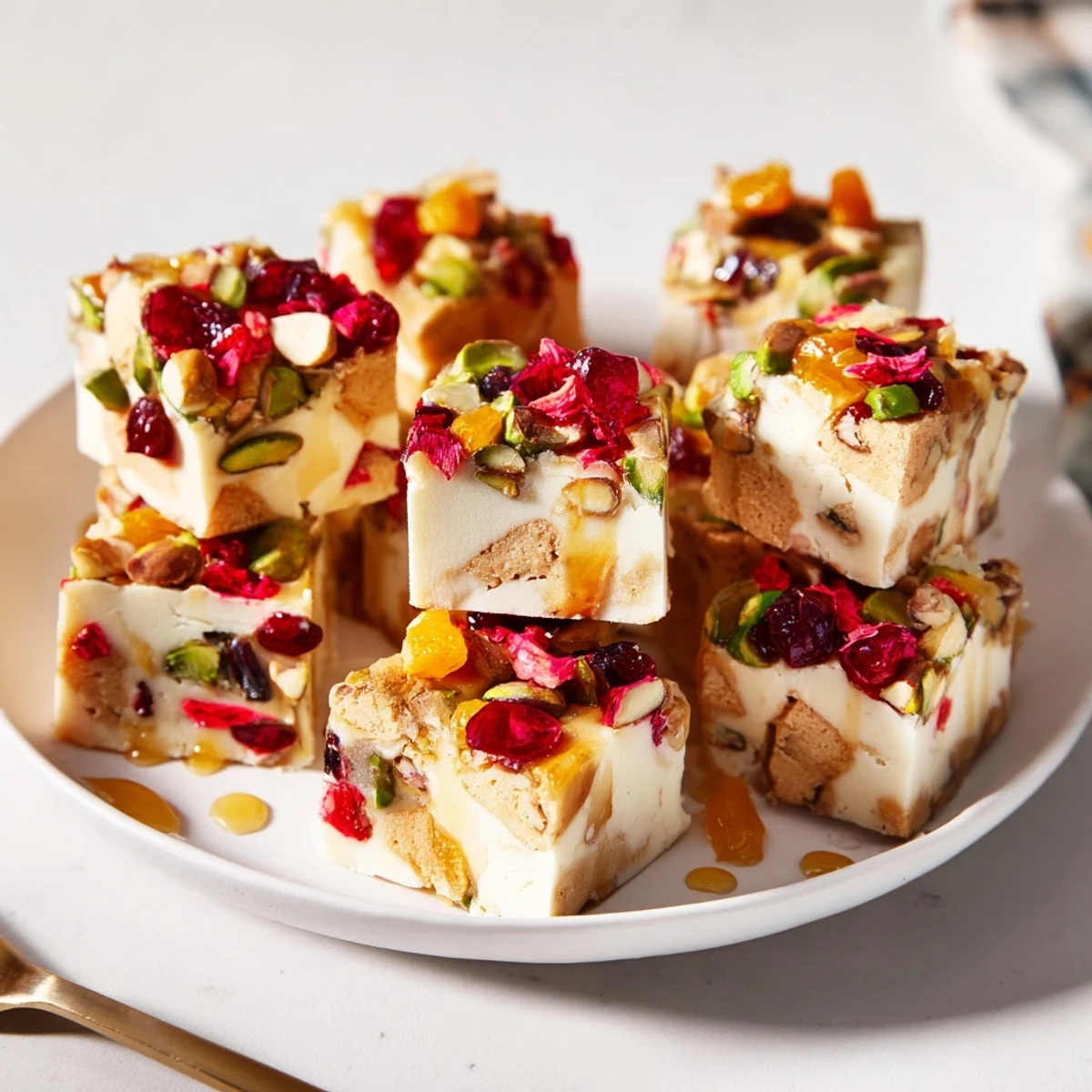 Creamy layers of Charcuterie Board Sugar Cookie Fudge with cookie chunks and honey drizzle.