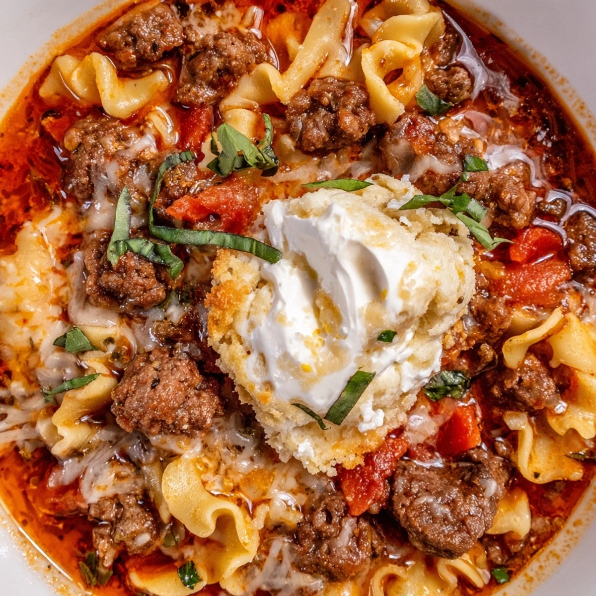 Golden cheesy biscuit melts atop a comforting lasagne soup, perfect for cozy dinners.  