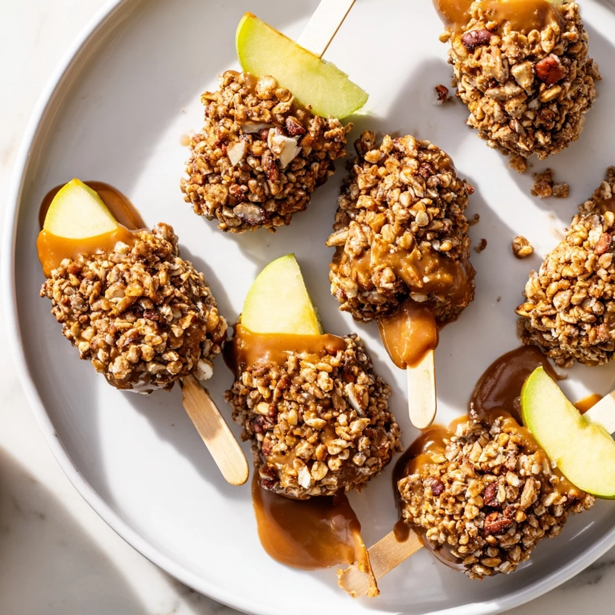 Sweet and salty Caramel Apple Granola Pops, ideal for your next party dessert!