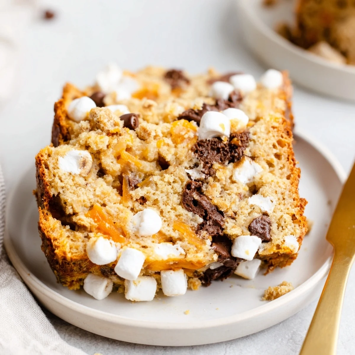 Decadent Smores Cheddar Sweet Potato Pancake Muffin Loaf topped with mini marshmallows.