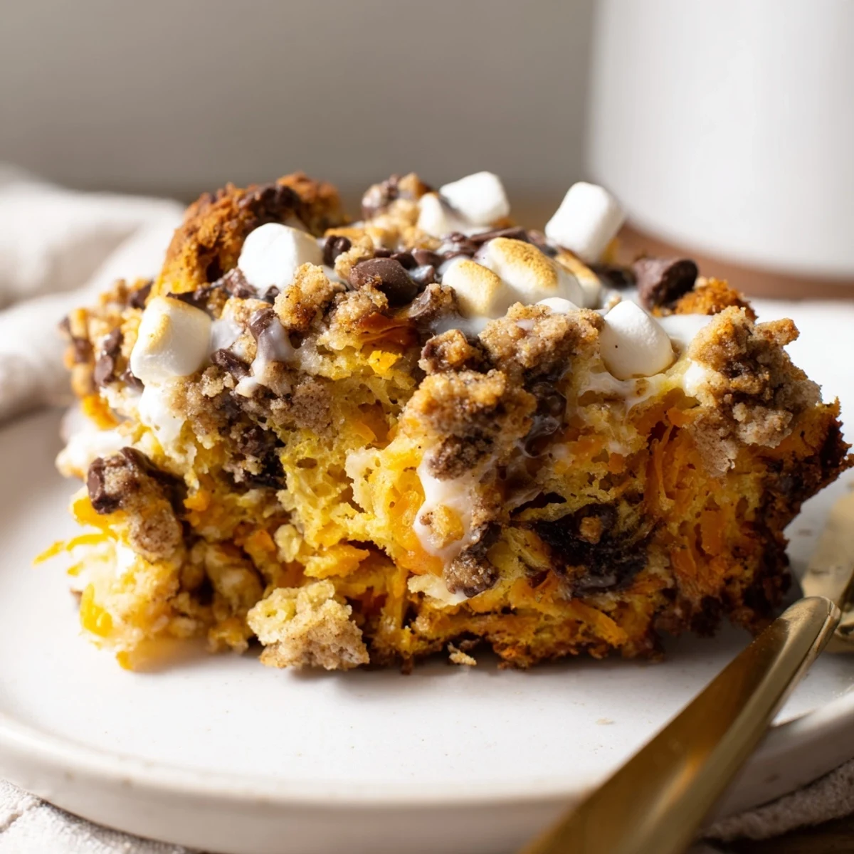 Moist sweet potato pancake loaf featuring gooey chocolate and savory cheddar flavors.