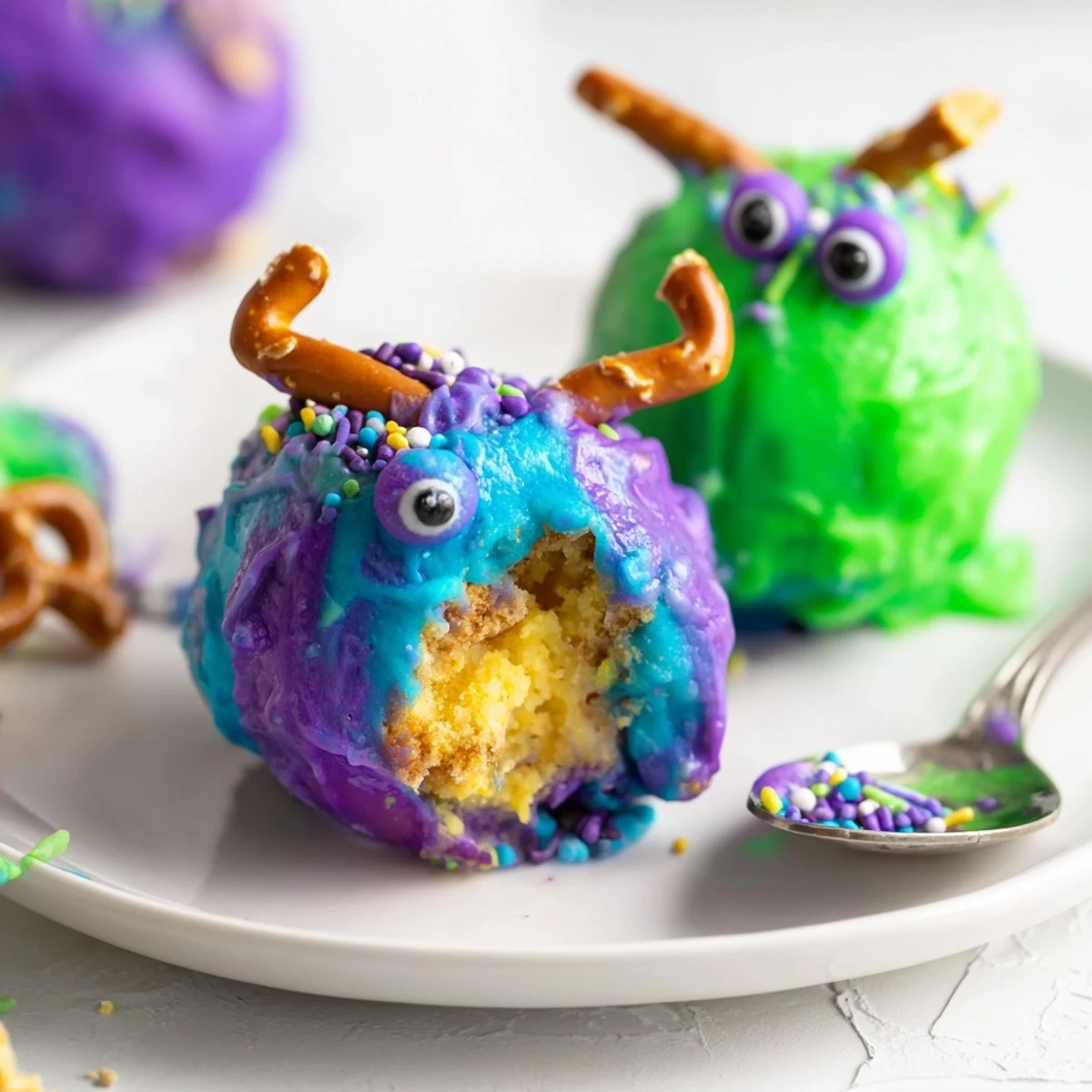 Delightful Cheesy Pretzel Cream Cheese Monster Cake Balls for festive Halloween treats.  