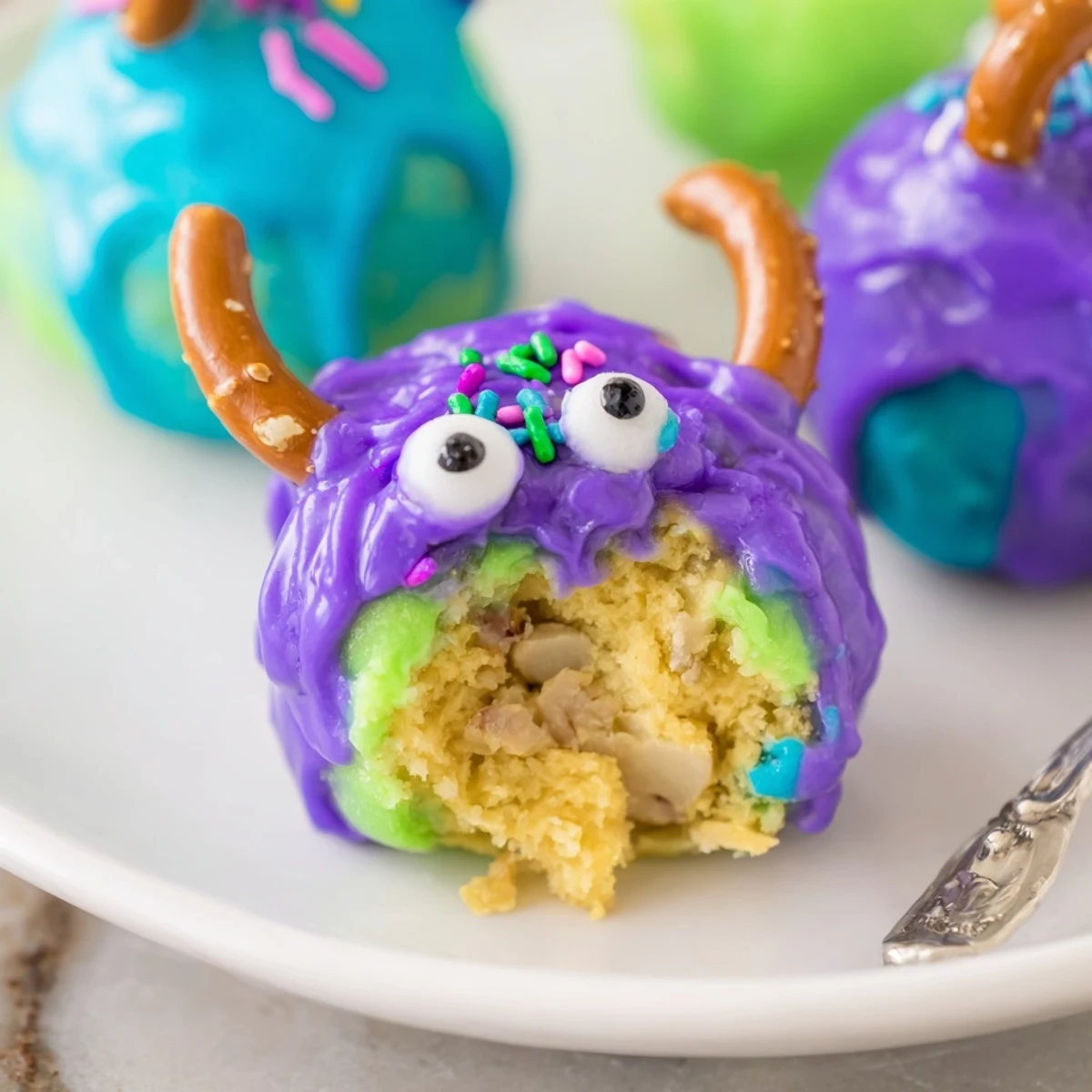 Playful monster-themed Cheesy Pretzel Cream Cheese Cake Balls, irresistible for party dessert tables.  