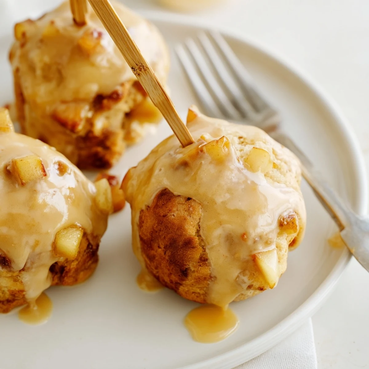 Warm Maple Bourbon Apple Cheddar Biscuit Muffin Pops drizzled with sweet maple glaze.  