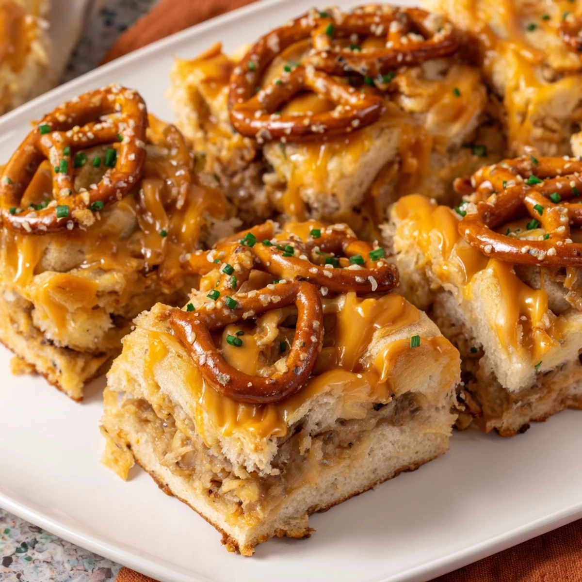 Savory Maple Ginger Buffalo Ranch Flaky Pretzel Biscuit Bars served golden and warm.  