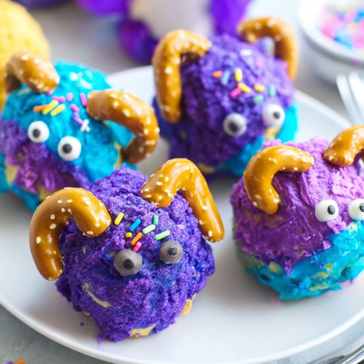 Whimsical Cheesy Pretzel Cream Cheese Monster Cake Balls decorated with colorful candy eyes.  