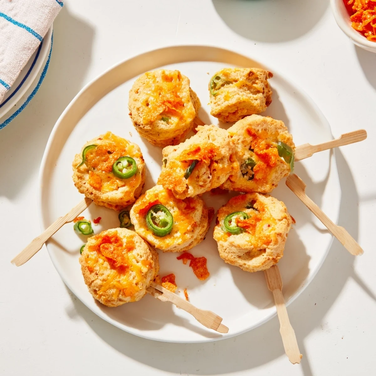 Tender Flamin Hot spicy cheddar biscuit skewers, topped with crunchy chip bits.  