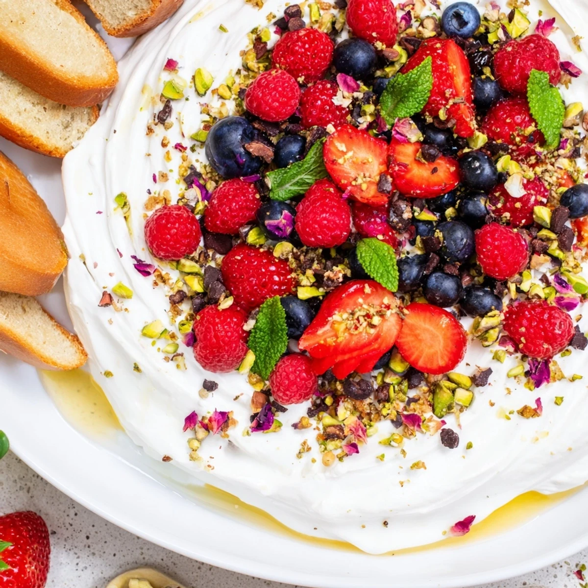 A decadent butter board dessert version topped with fresh, vibrant berries.  