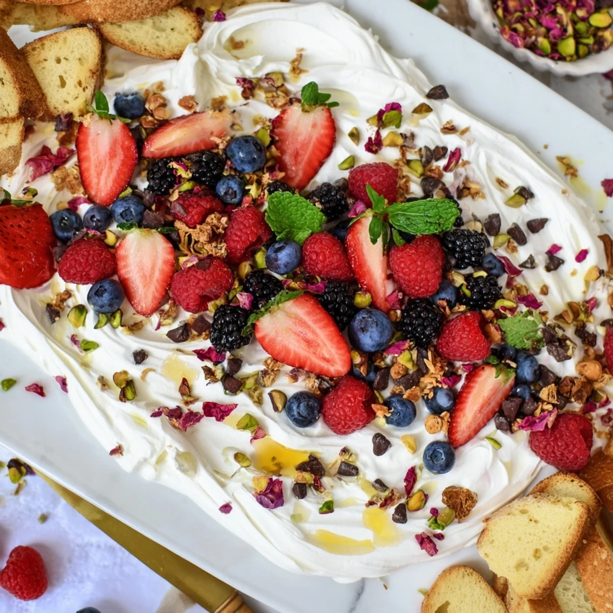 Colorful berries and nuts garnish this delightful butter board dessert for sharing.