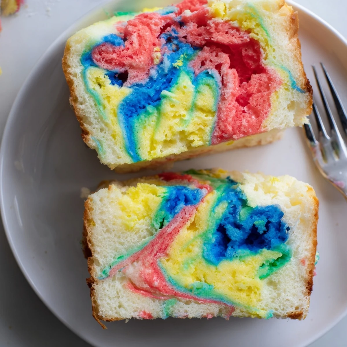 Fluffy Cloud Bread Rainbow Version, colorful slices perfect for festive brunch gatherings.  