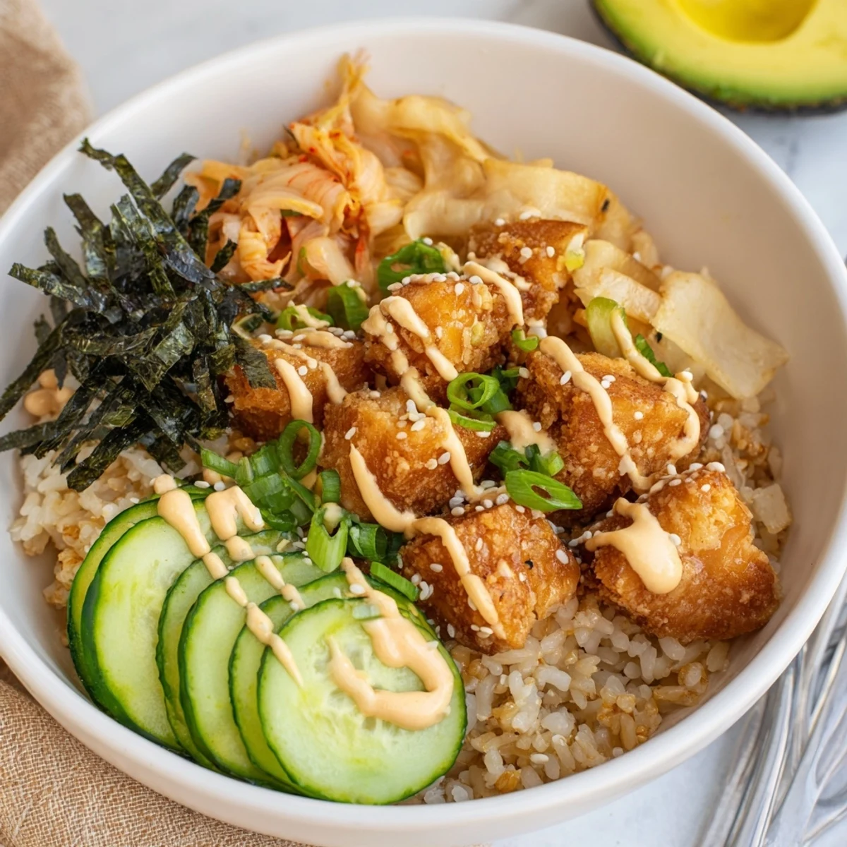 Crispy Salmon Rice Bowl garnished with spicy mayo and vibrant kimchi for flavor.  