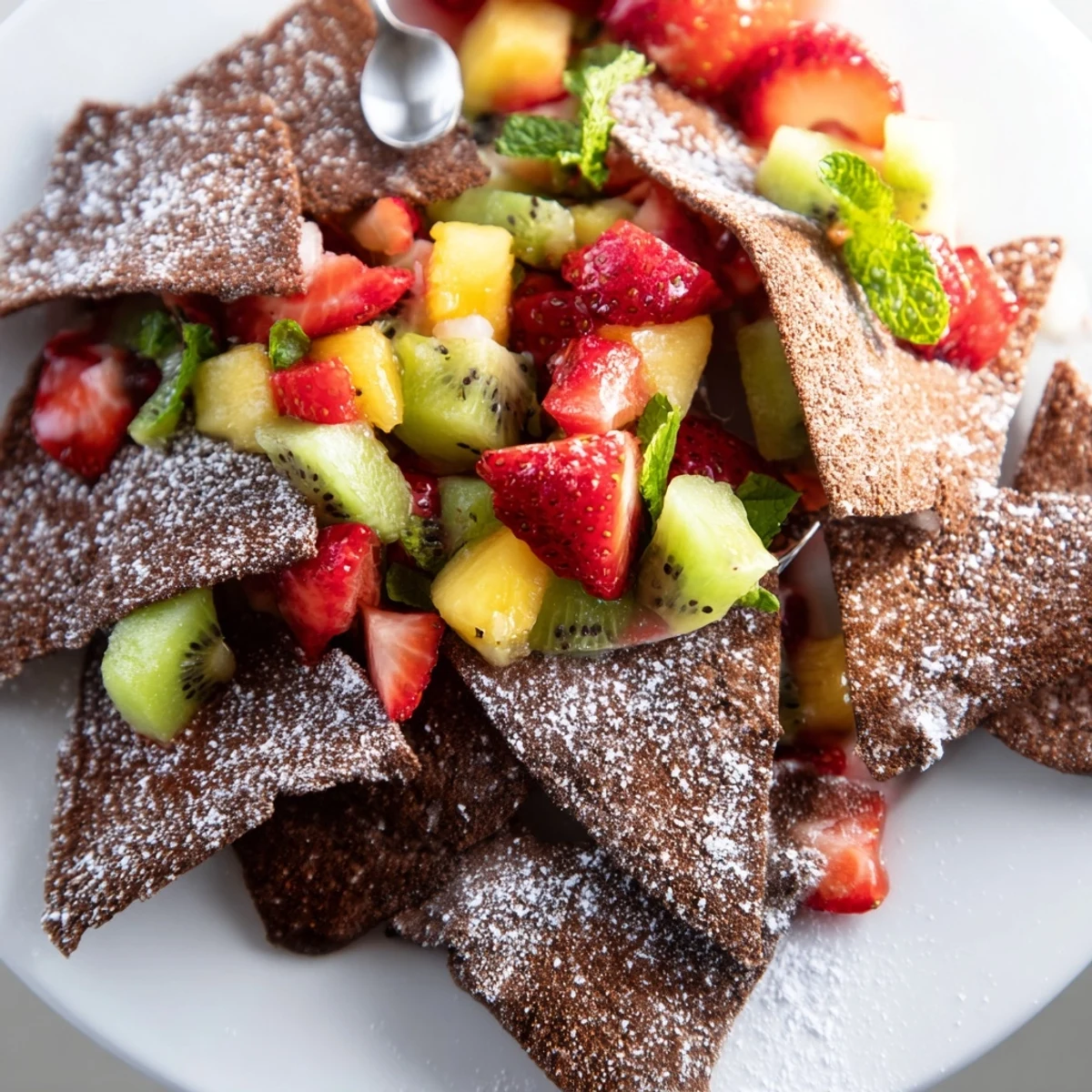 Crispy chocolate tortilla chips served with refreshing fruit salsa for dessert.  