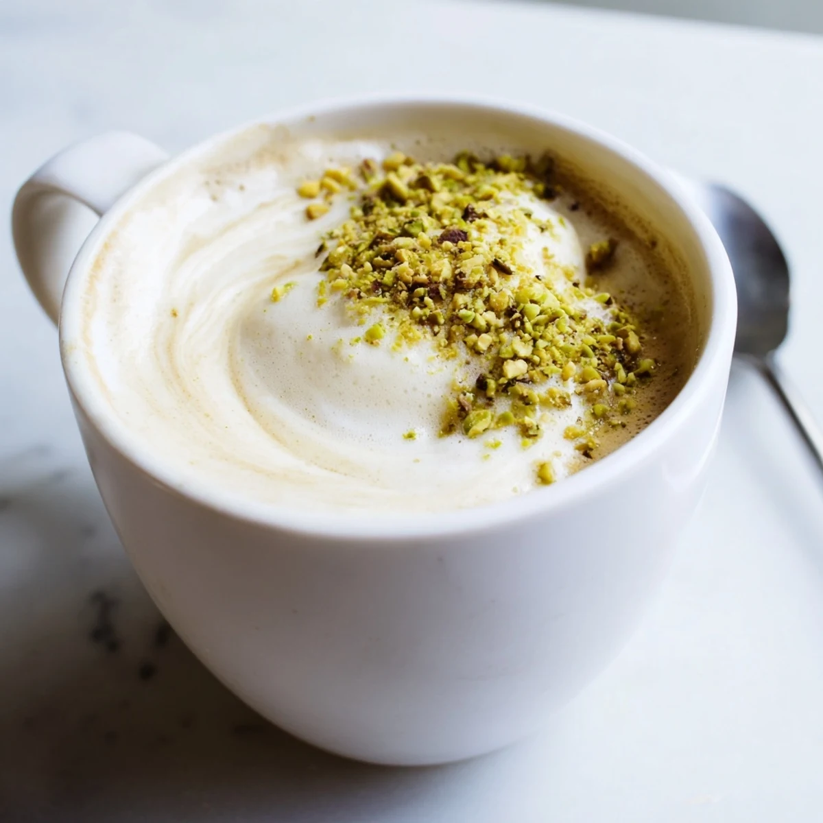 Creamy pistachio milk latte topped with crushed nuts for a delightful breakfast treat.  