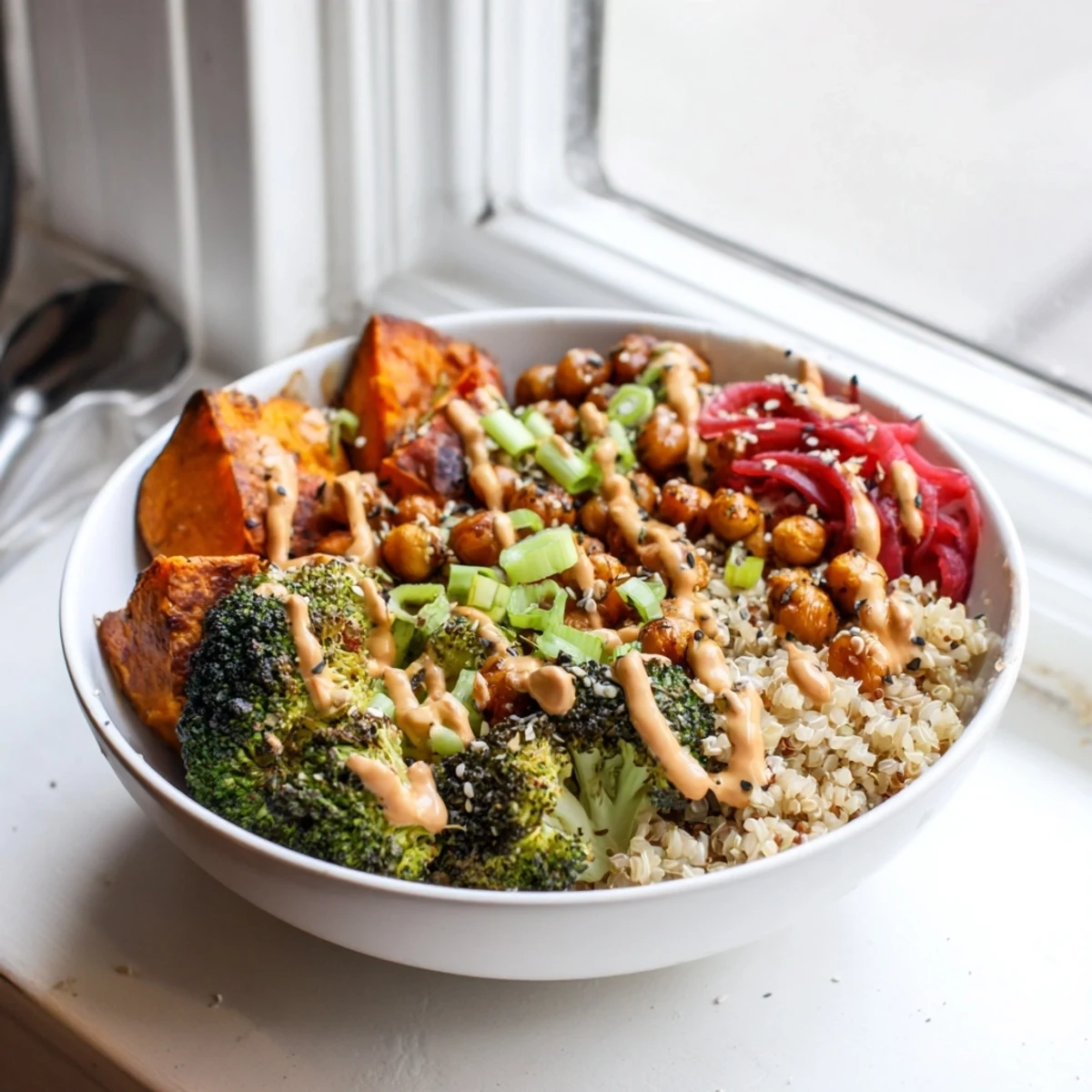 Vibrant Bold Sauce Drizzle Bowls topped with roasted veggies and flavorful sauces.  