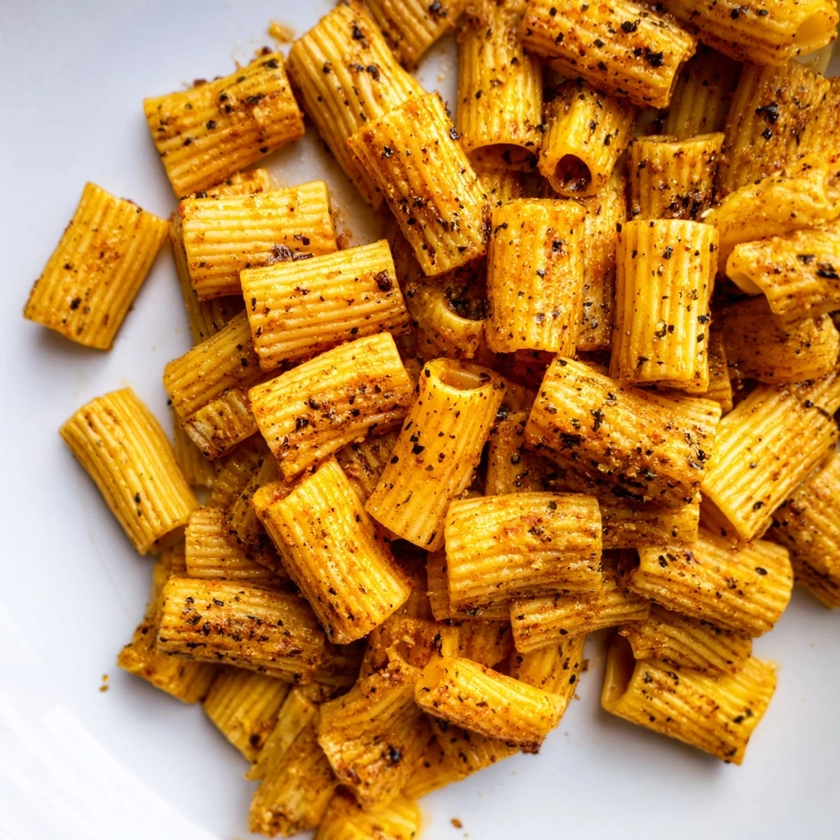 Golden baked pasta chips tossed in garlic and smoked paprika for delightful crunch.  