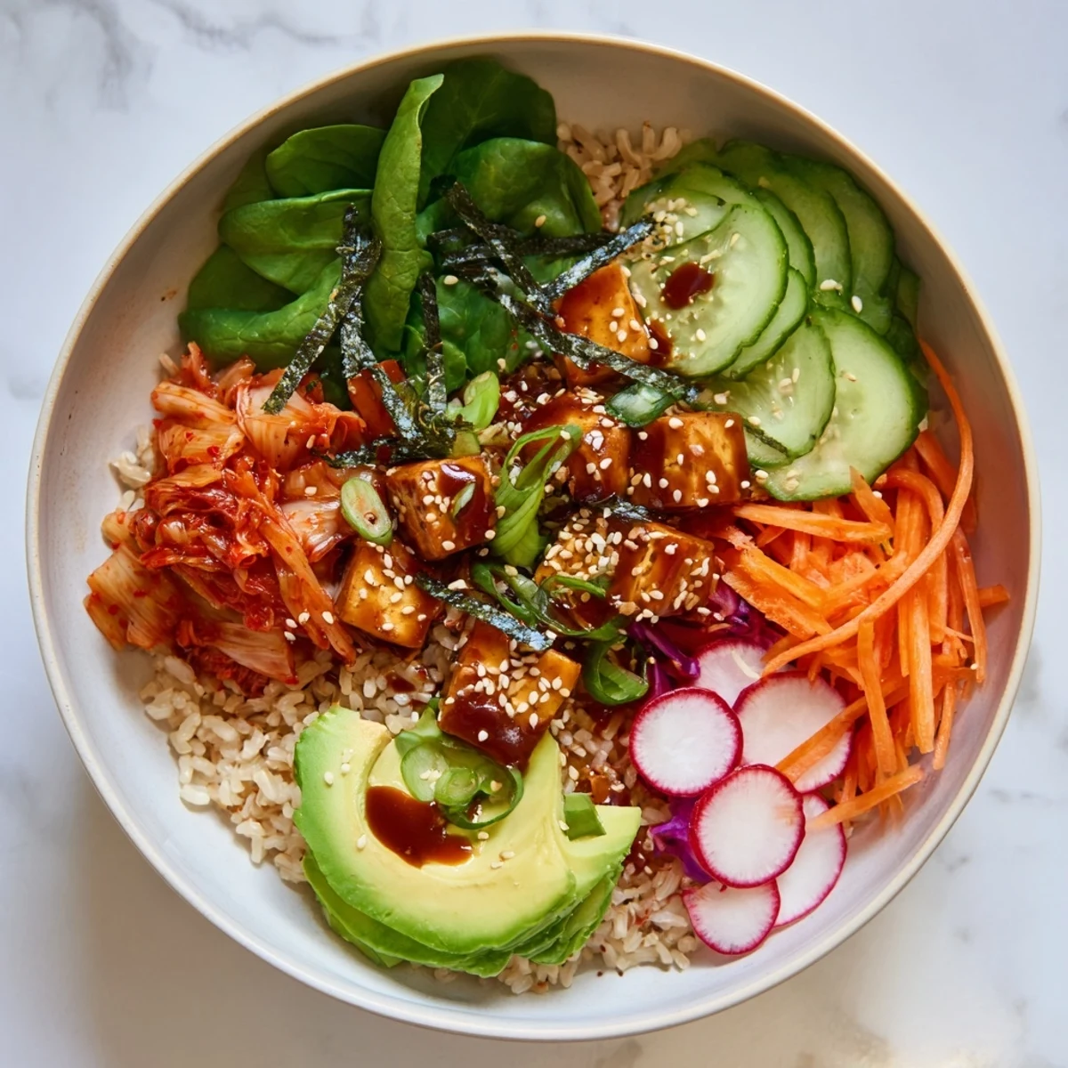 A vibrant fermented vegetable bowl topped with tangy kimchi and fresh greens.  