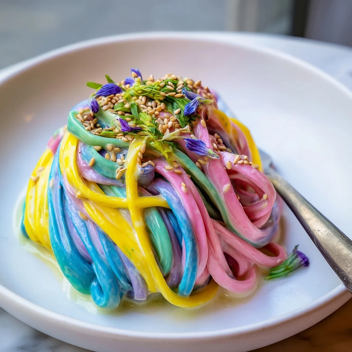 Colorful Neon Noodle Cloud dish served in a bowl, creamy sauce draping noodles beautifully.  