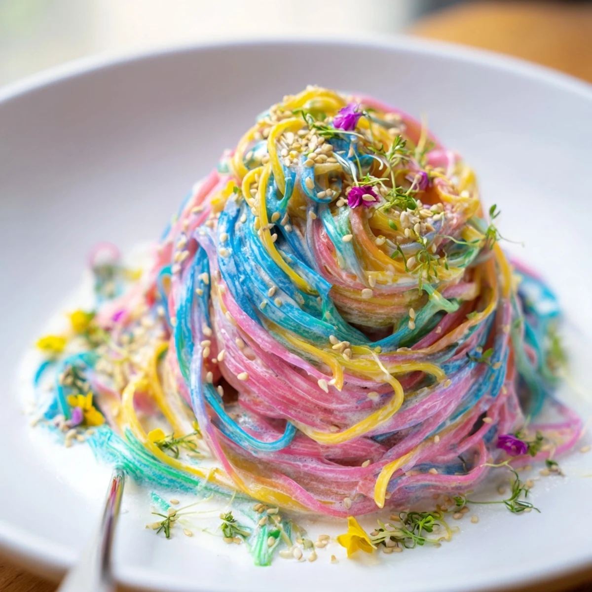 Whimsical Neon Noodle Cloud topped with scallions, a delightful fusion main dish for all.