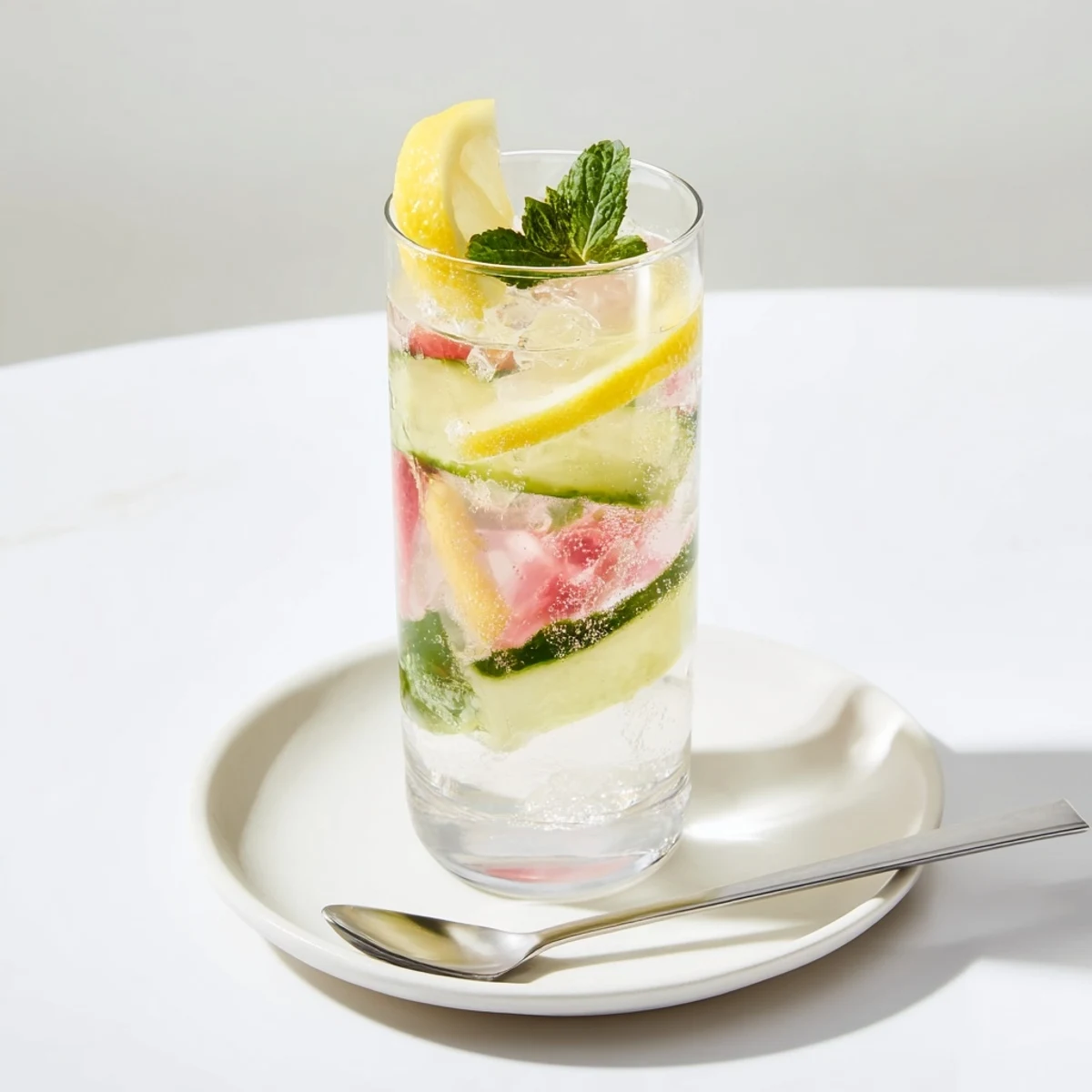 Refreshing water-based mocktails with sliced fruit and herbs for vibrant flavor.  