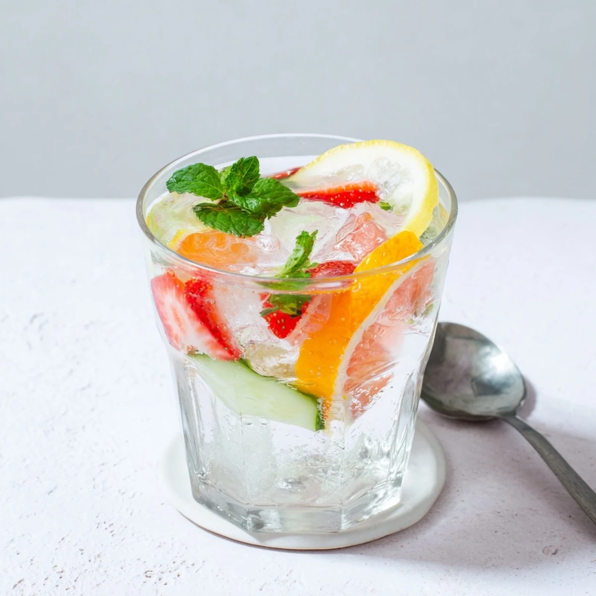 Hydrating mocktails featuring fresh strawberries and mint in chilled water.  