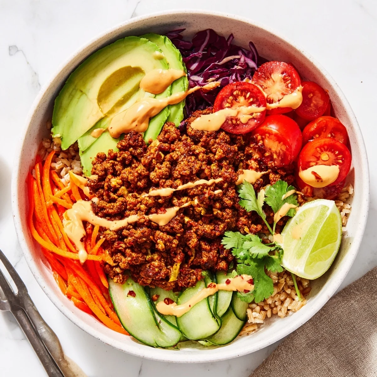 A colorful plant-based meat bowl topped with fresh vegetables and vibrant sauces.  