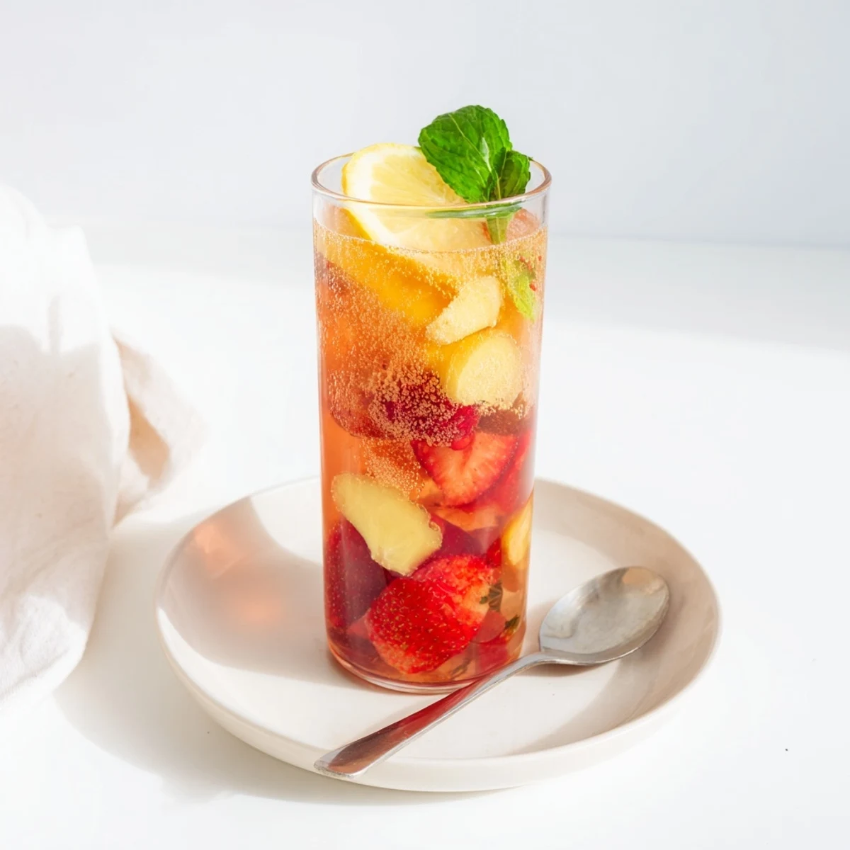 Enjoy this fizzy, flavorful kombucha-style mocktail served over ice with mint.  