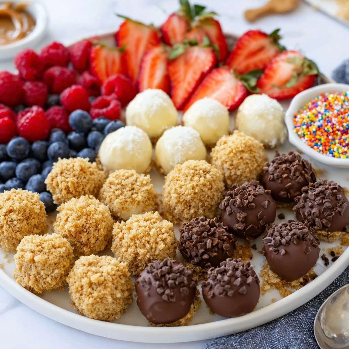 Delightful deconstructed dessert board with cheesecake bites and vibrant fresh toppings.  