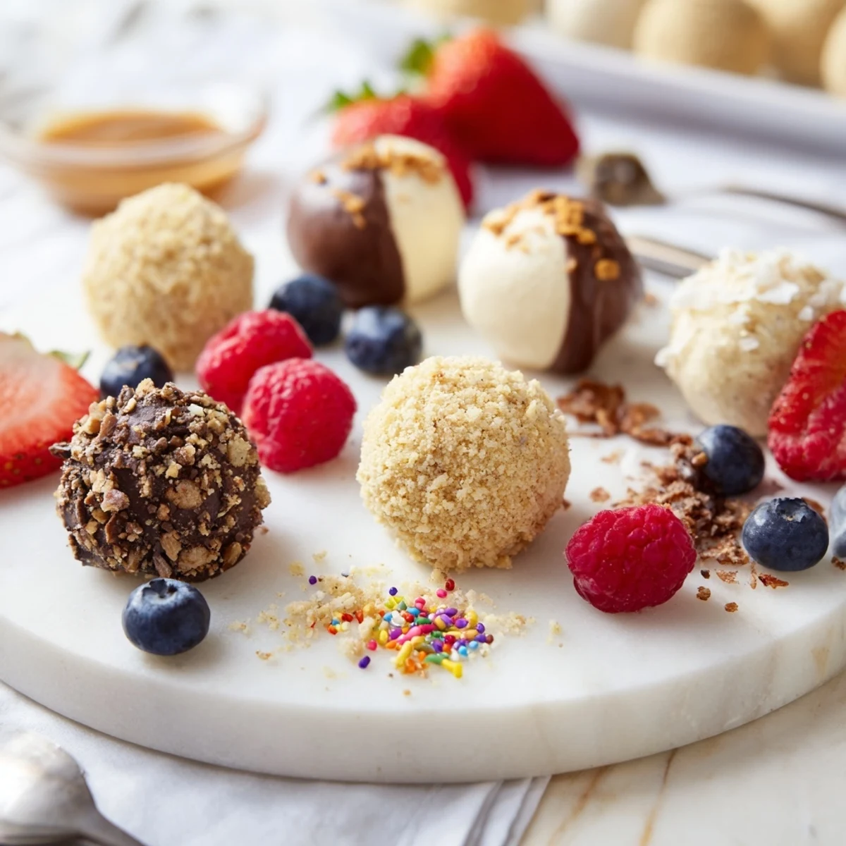Interactive cheesecake bites served with colorful toppings on a beautiful wooden platter.  