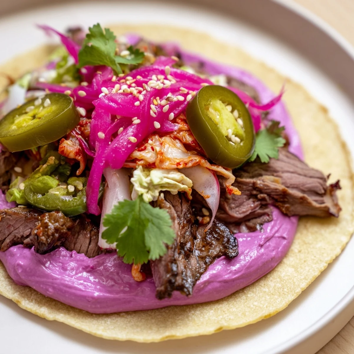 Colorful Global Street-Food Fusion Tacos showcasing vibrant toppings and rich ube crema.  