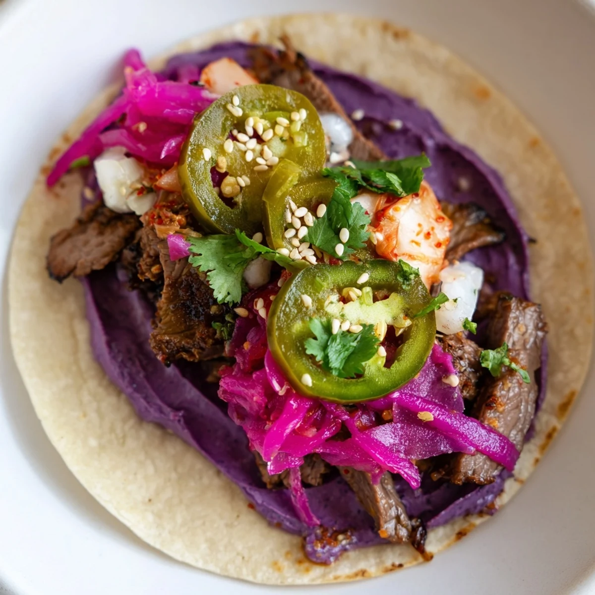 Savory beef sirloin Fusion Tacos garnished with fresh veggies and a tangy ube crema.  