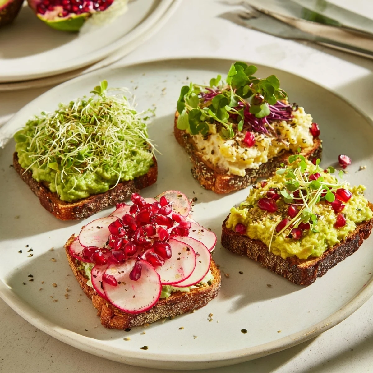 Vibrant Bright & Bold Breakfast Toasts topped with purple ube spread, avocado, and radishes.  